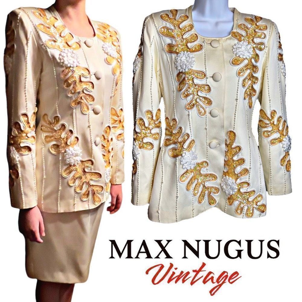 Vintage Designer MAX NUGUS 2 Piece Sequins Beaded Handmade Couture Jacket/Skirt